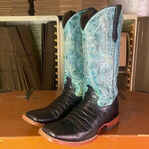 FERRINI Women’s Size 10 B Cayman Croc Black Turquoise Square Toe Western Boots